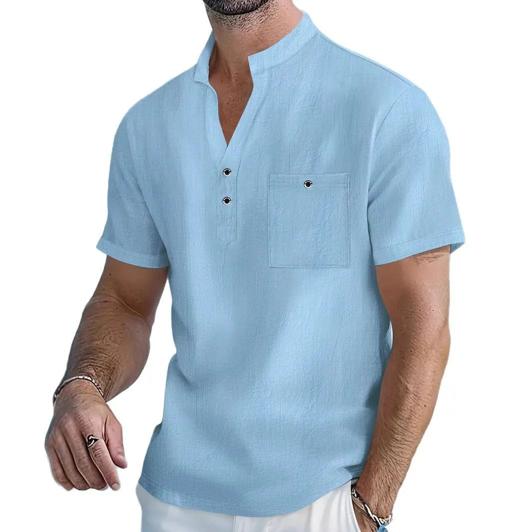 Men's linen blend stand collar short sleeve shirt in loose fit t-shirt style