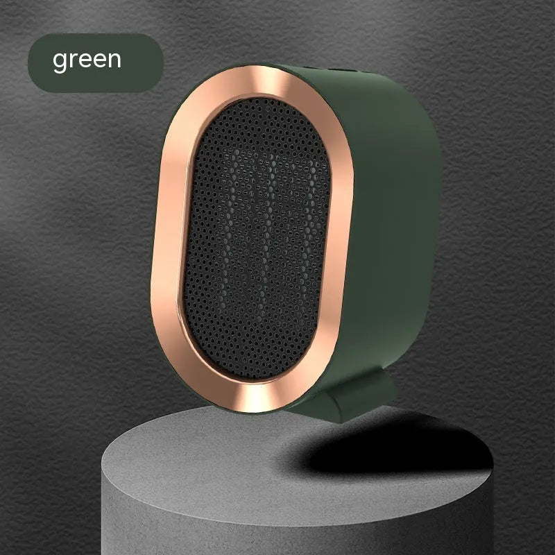 Black desktop electric fan heater with mechanical dial controls and ceramic heating technology