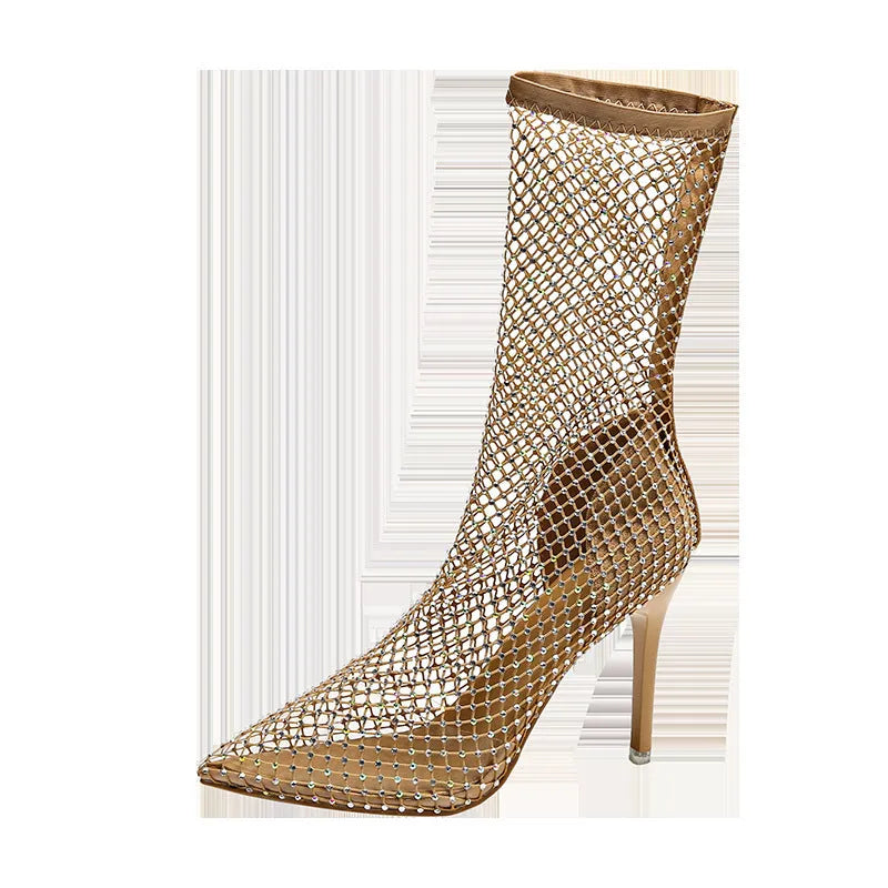 Gold stiletto pointed mesh high heel sandals with oversleeve fitting as shoe covers