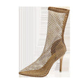Gold stiletto pointed mesh high heel sandals with oversleeve fitting as shoe covers
