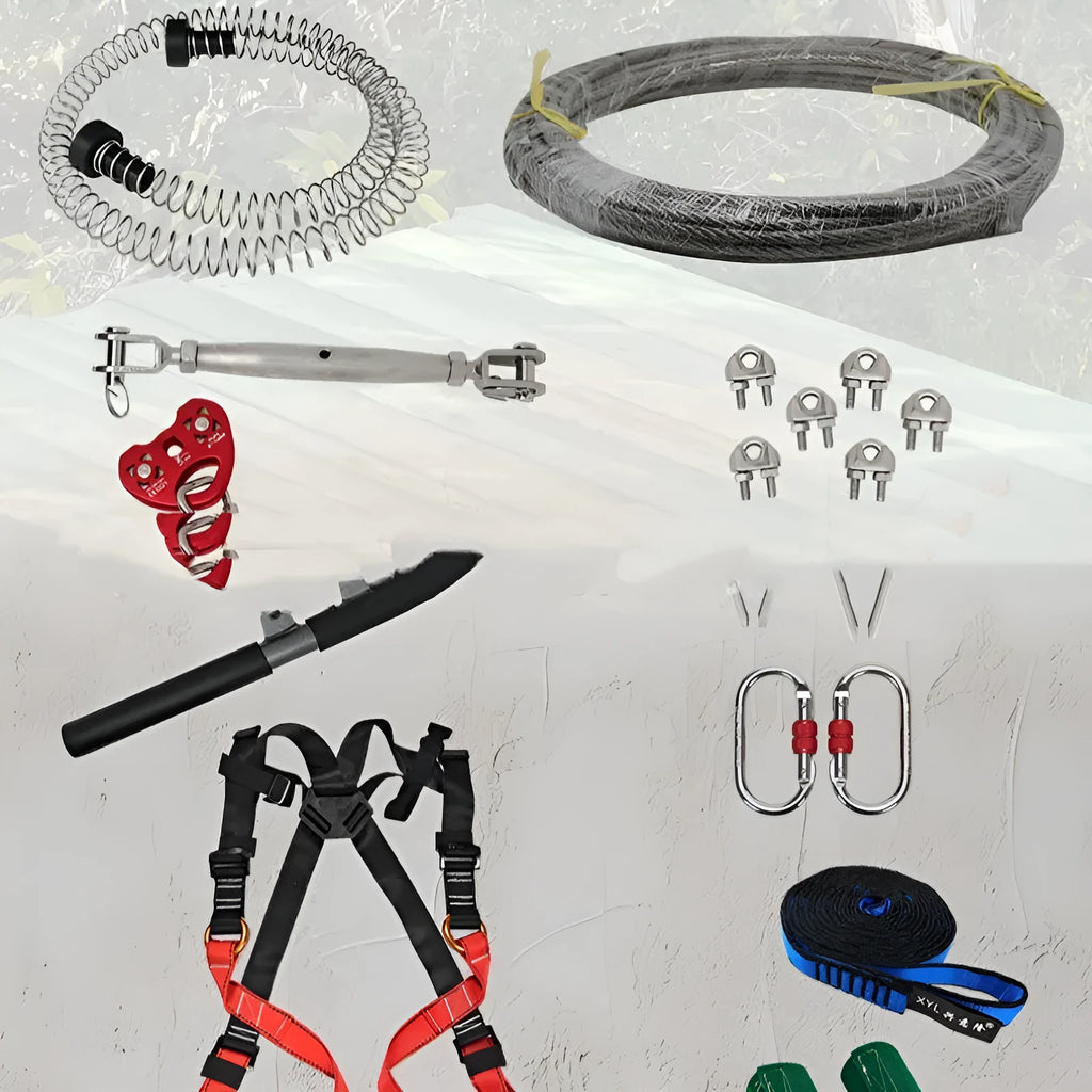 Ziptreck suit pulley slide rope with handle showing alloy steel pulleys and polyester rope