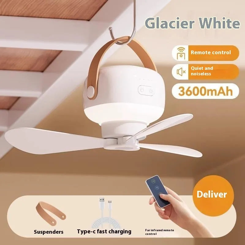 Small white rechargeable ceiling fan with remote control and strap for camping.
