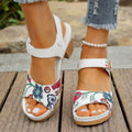 White women's high heel sandals with velcro buckle strap and rubber sole