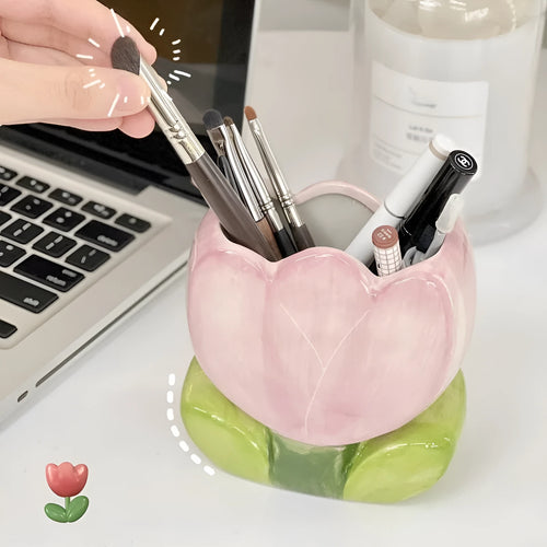 Ceramic flower pen holder storage box in floral patterns for desktop organisation