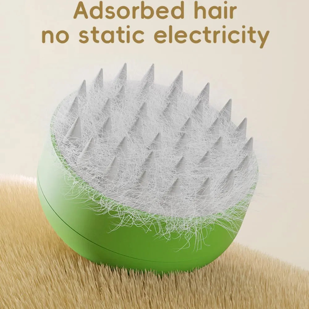Rechargeable green and yellow pet steam brush with silicone bristles on a table.