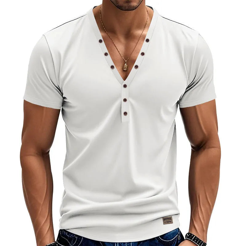 Men's loose fit V-neck button pullover in chemical fibre blend fabric available in multiple colours
