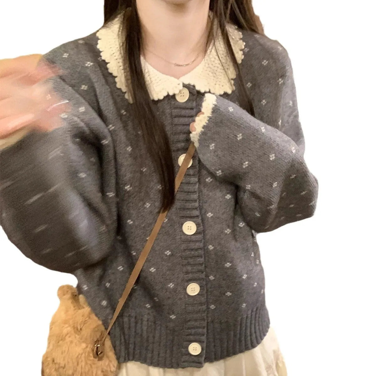 Retro Peter Pan collar floral pattern knitted cardigan coat in navy blue, apricot, grey.