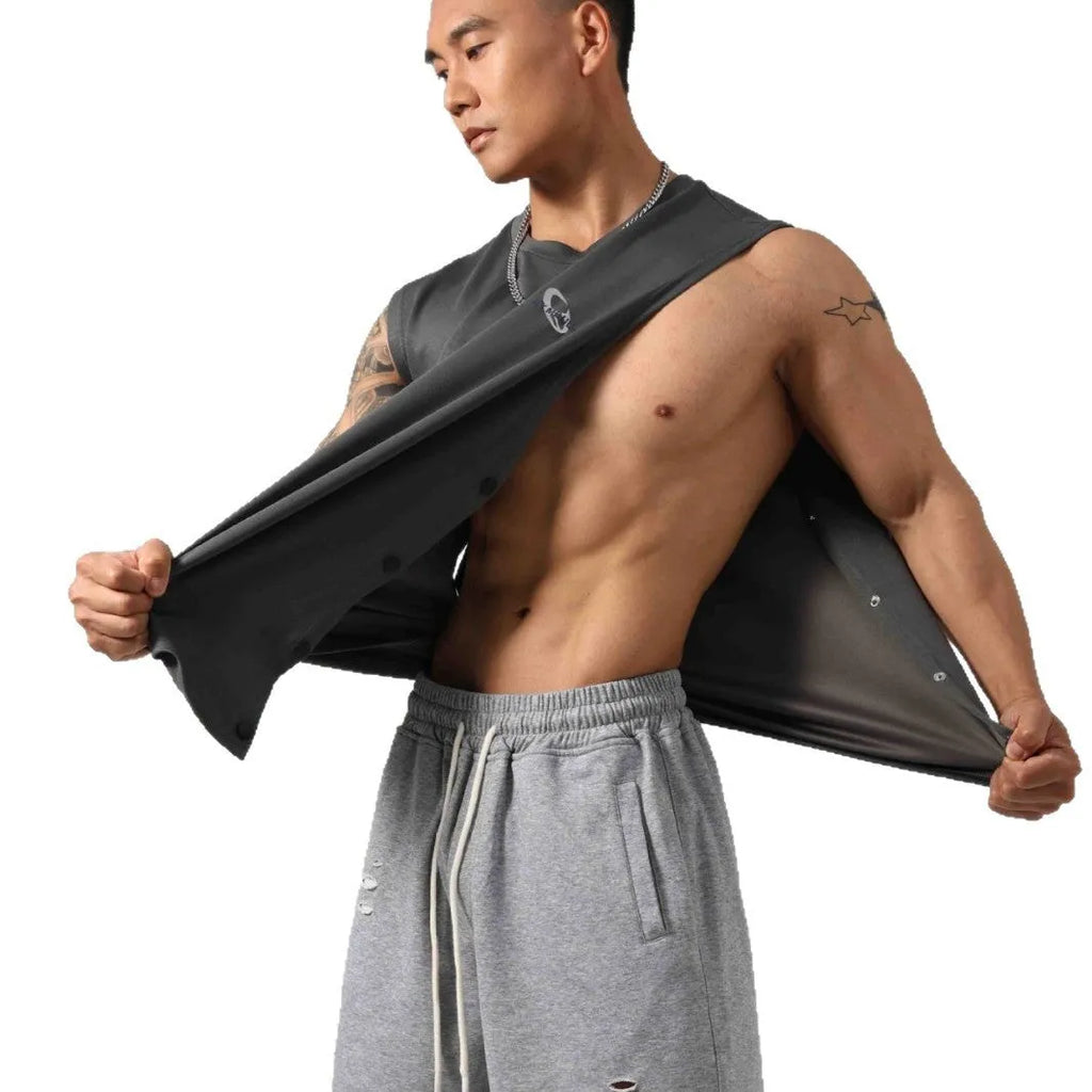 Korean style loose cotton fitness vest for men with hidden hook side openings.