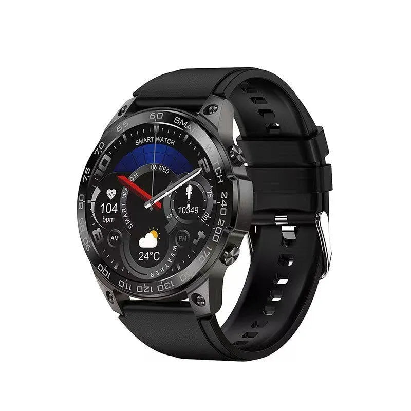 Black Bluetooth sports watch with round AMOLED screen and silicone strap on a wrist