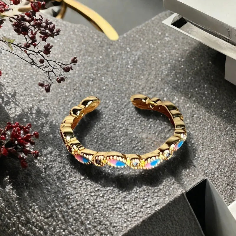Adjustable vintage copper gourd ring with oil-dripping colour finish and inlaid zircon gemstones