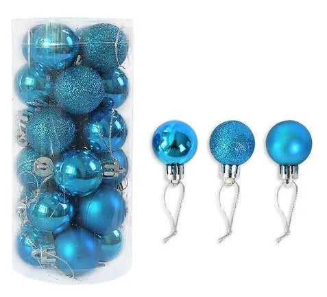 3 cm shiny matte finish Christmas tree bauble ornament in assorted colours including red, gold, and silver.