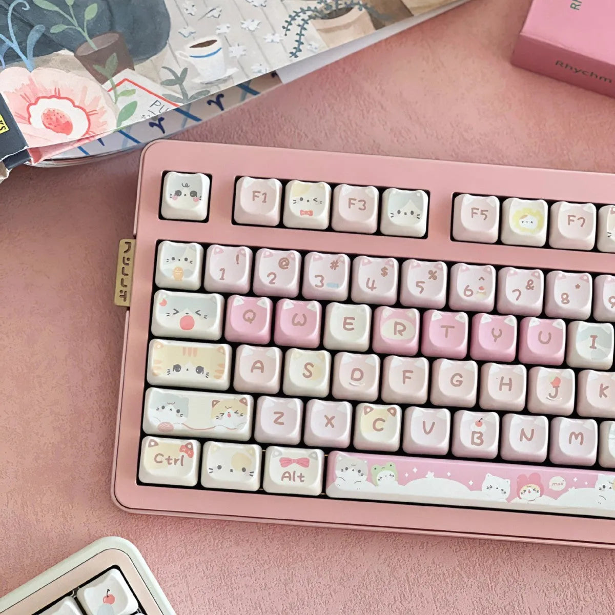 Meow Meow Team themed 141-piece PBT plastic key cap set for mechanical keyboards showing colourful sublimation print.