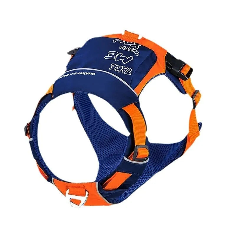 Orange and blue nylon dog chest strap vest harness with integrated hand rope shown on a medium-sized dog.