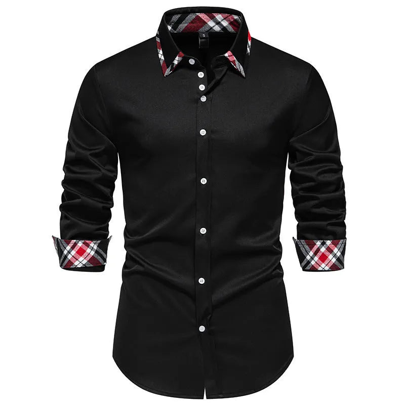 Men's plaid triangle collar long sleeve shirt in polyester blend available in multiple colours
