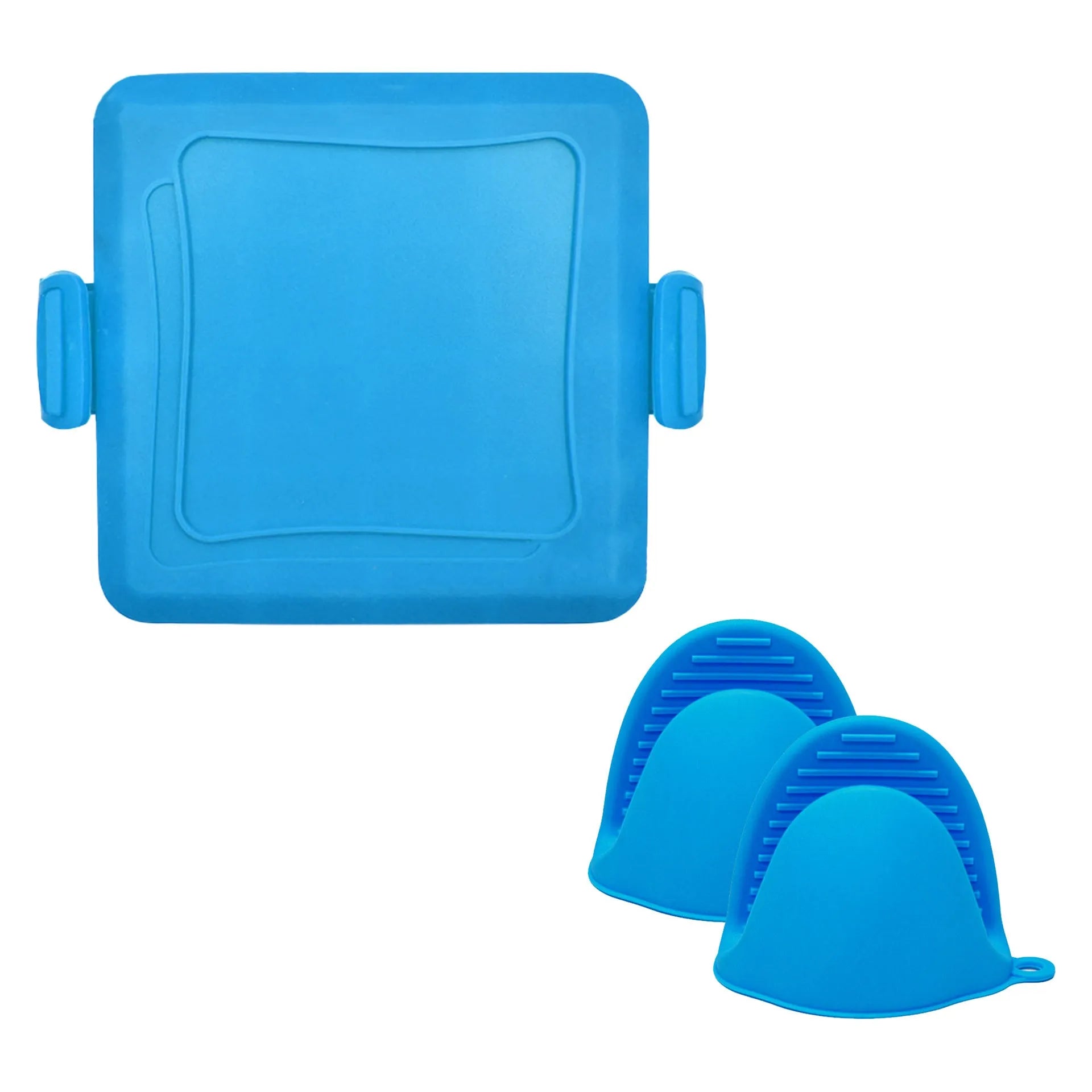 Red silicone baking tray with a large integrated handle and a pair of detachable blue baking gloves.