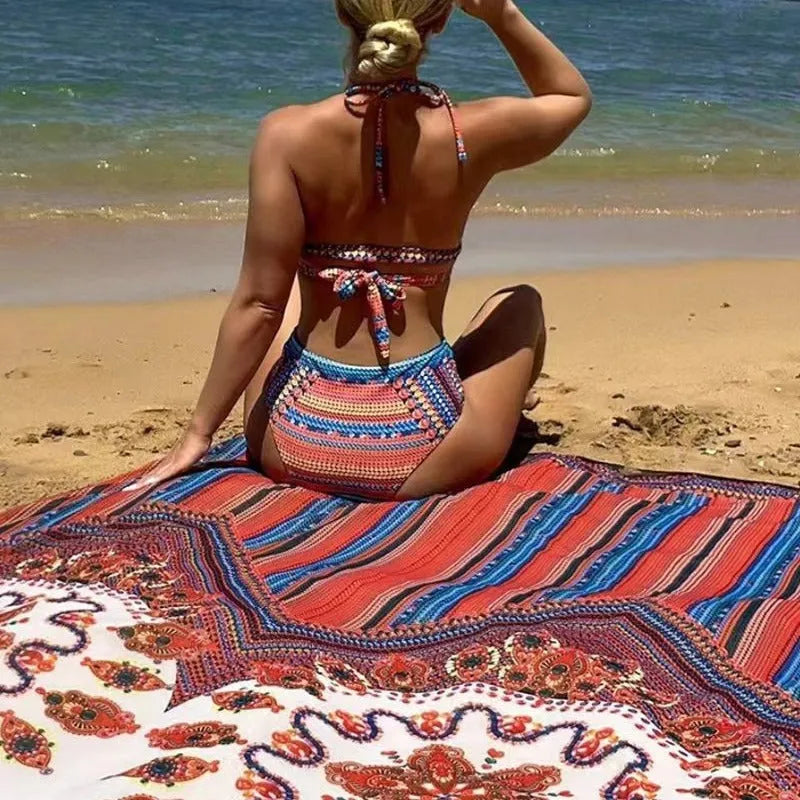 Women's three-piece swimsuit set with cutout blouse, high-waist briefs, and cover-up coat