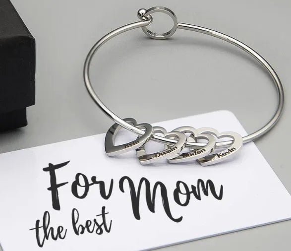 Love bracelet with peach heart charm and name lettering in stainless steel, silver colour