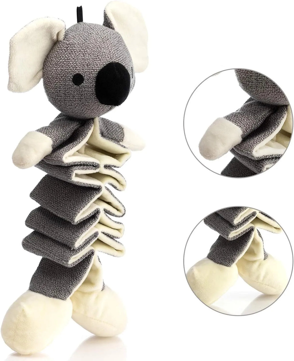 Grey koala plush dog chew toy measuring 30cm tall with internal crinkle paper.