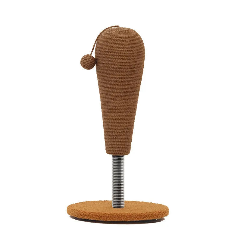 Cat scratch board with hemp rope surface, shown with either a grasping ball or tumbler toy.