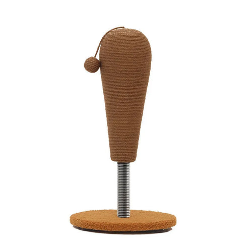 Cat scratch board with hemp rope surface, shown with either a grasping ball or tumbler toy.
