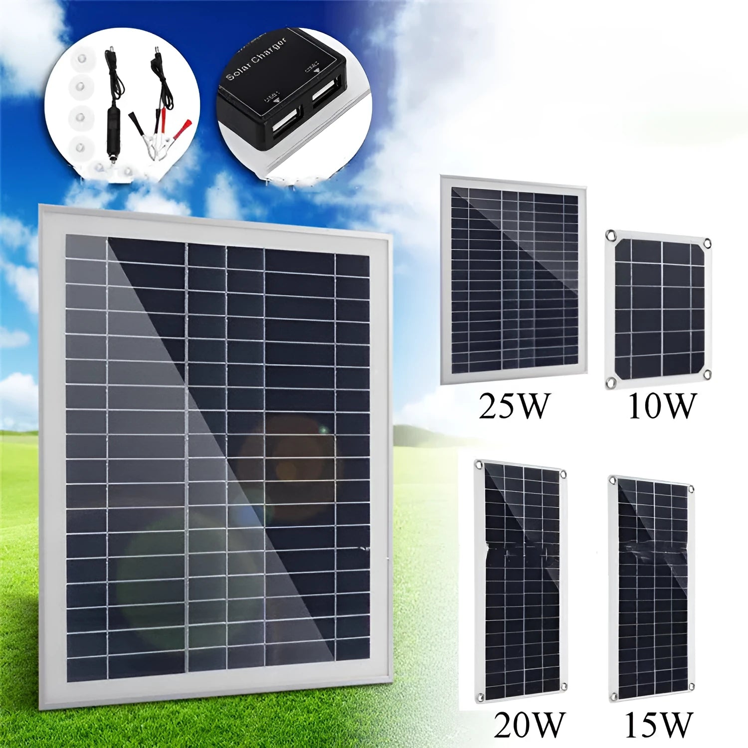Portable solar panel with dual USB ports for outdoor device charging