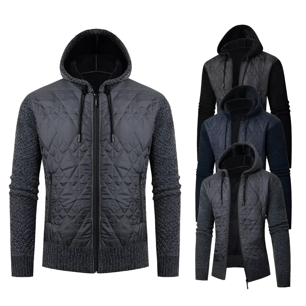 Men's grey corduroy hooded winter coat with cinched style on hanger