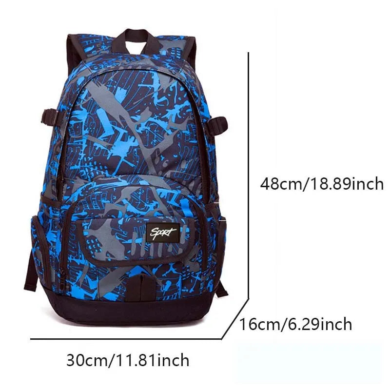 Blue and red large nylon backpack with multiple compartments open, showing internal organisation.