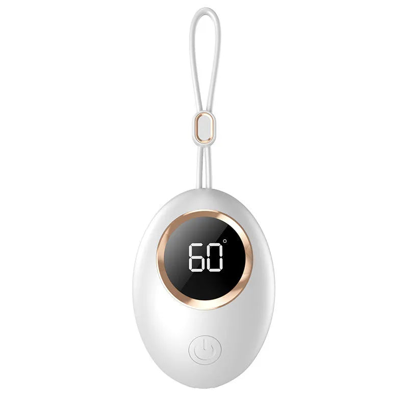 USB-powered hand warmer with digital display in six colour options including blue, green, pink and white finishes