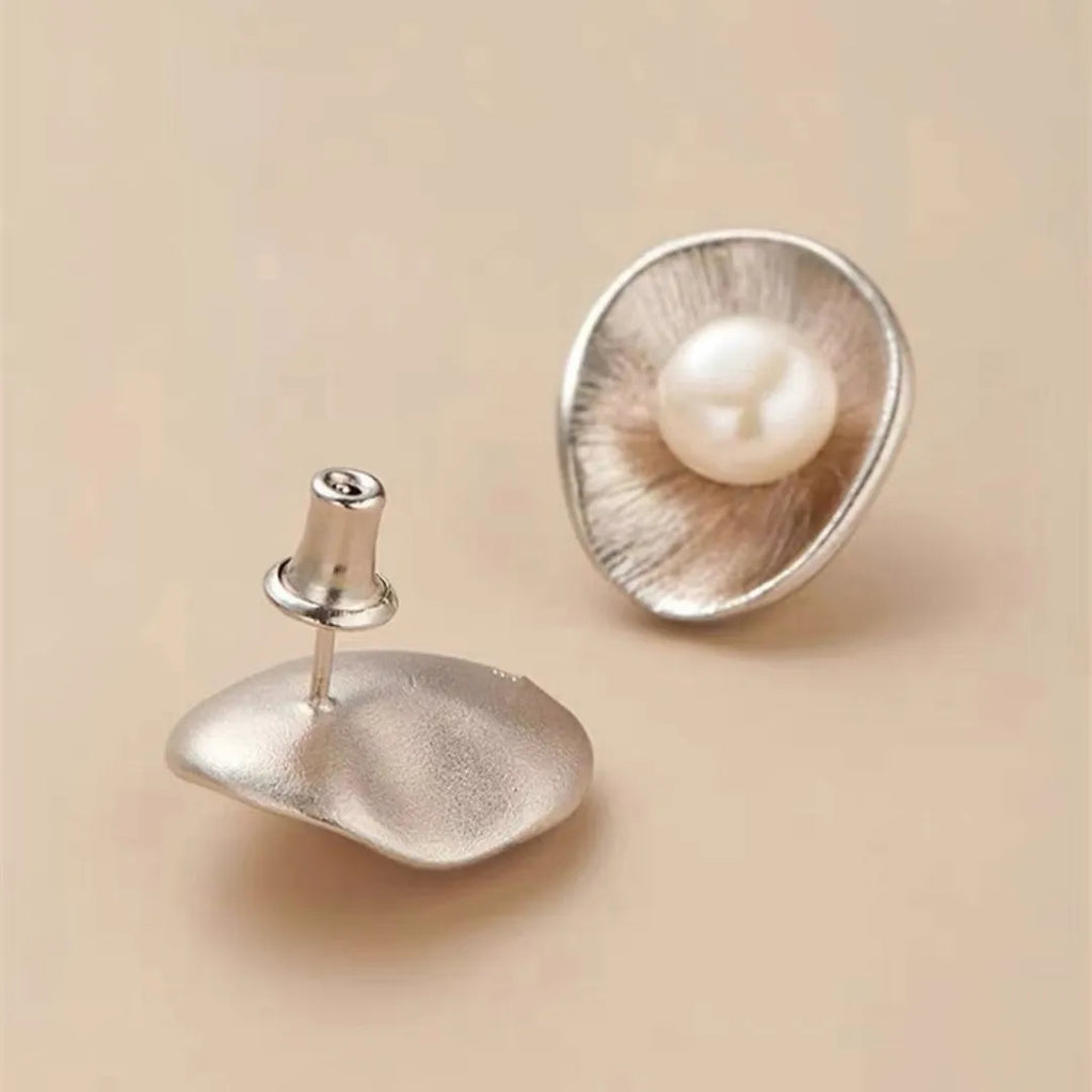 Gold plated pearl sterling silver geometric needle ear studs for women