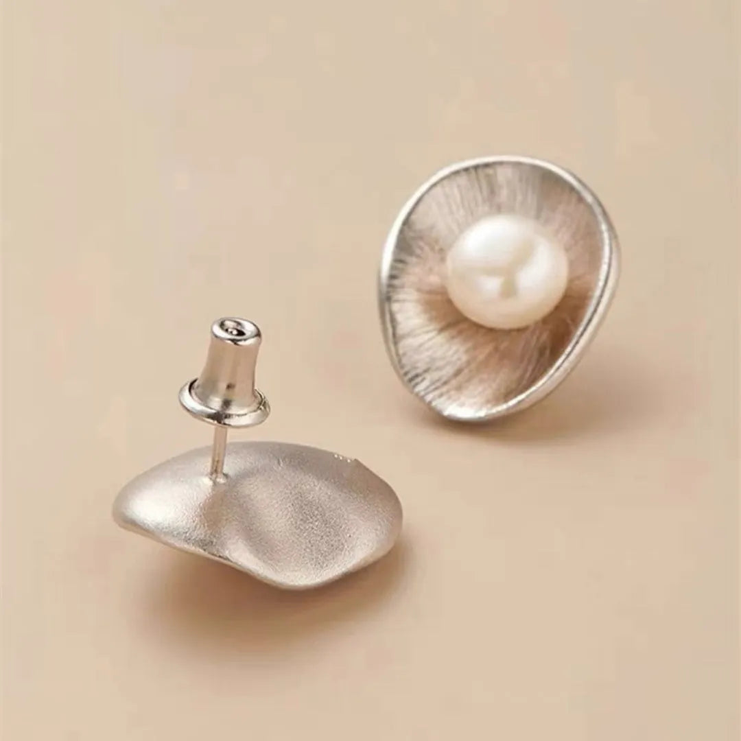 Gold plated pearl sterling silver geometric needle ear studs for women