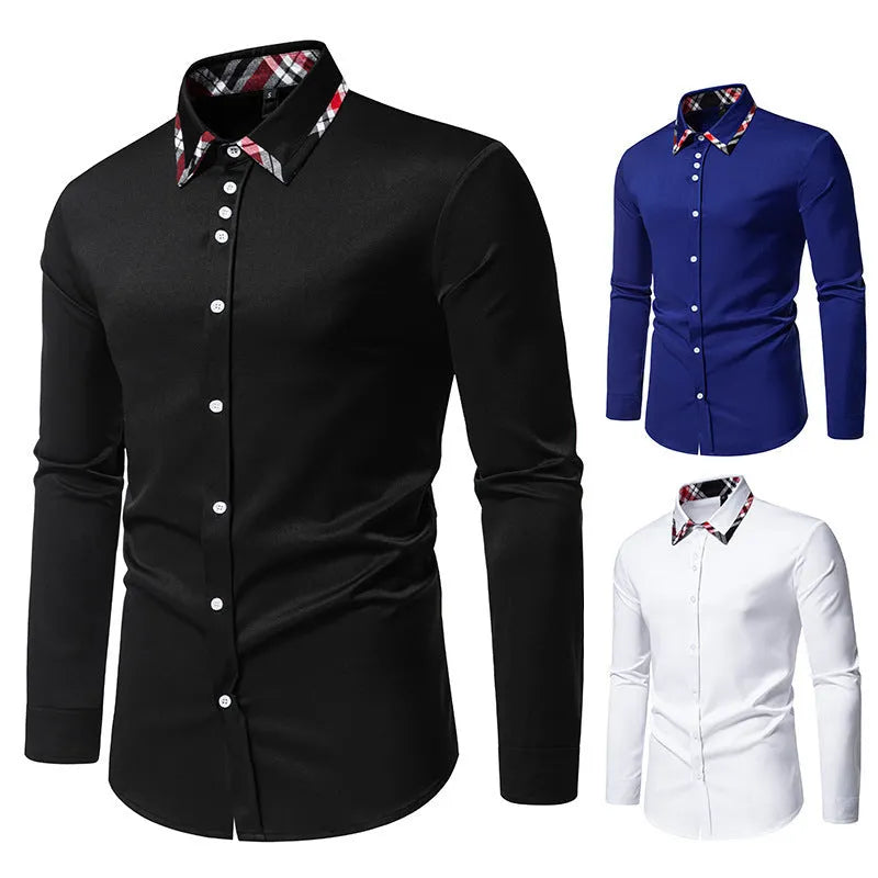 Men's plaid triangle collar long sleeve shirt in polyester blend available in multiple colours