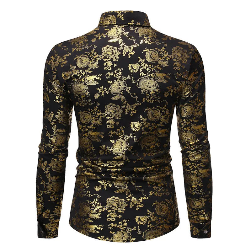Men's casual shirt with metal bronzing printed lapel design in wine red colour showing regular fit and long sleeves