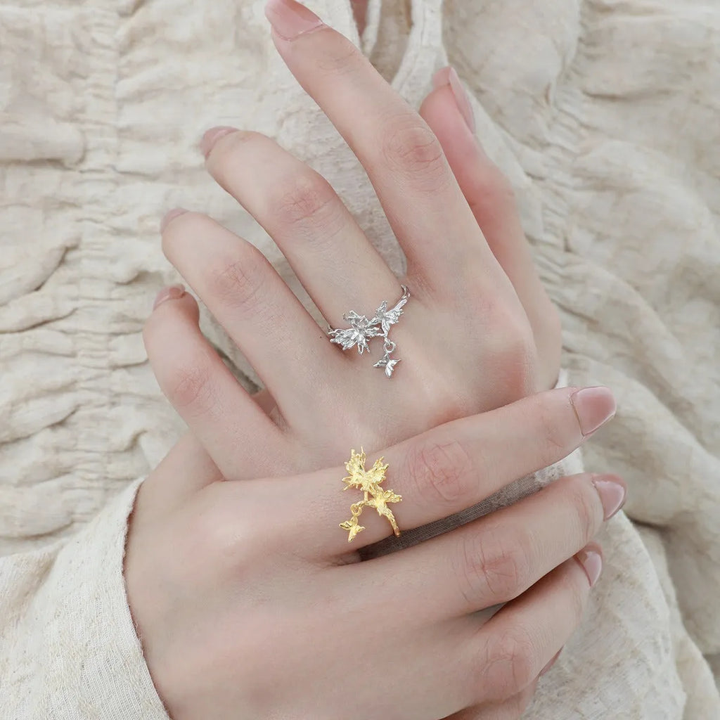 Silver adjustable butterfly ring with electroplated white gold or 18K gold finish