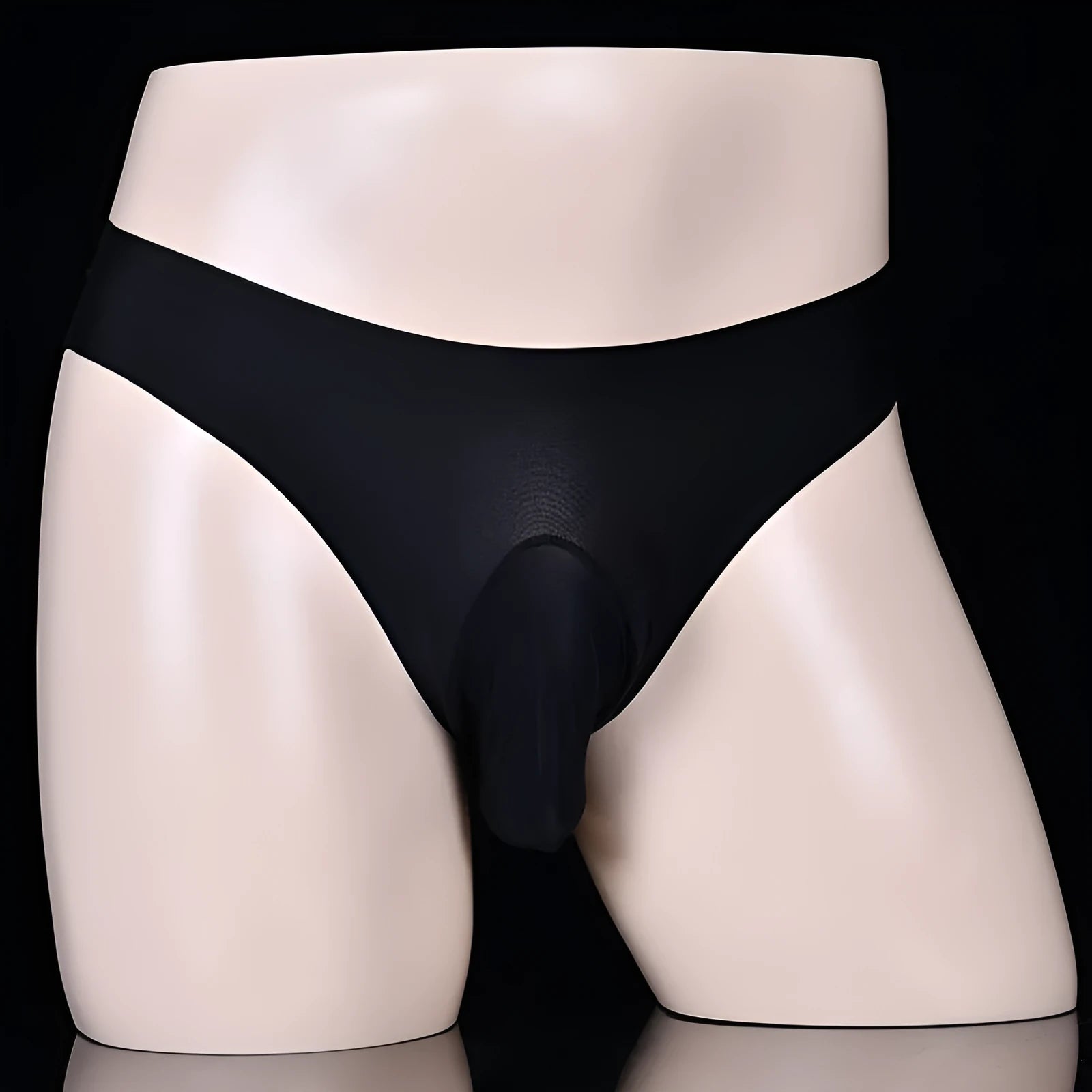 Men's ice silk underwear briefs in black, showing low waist and T-back design