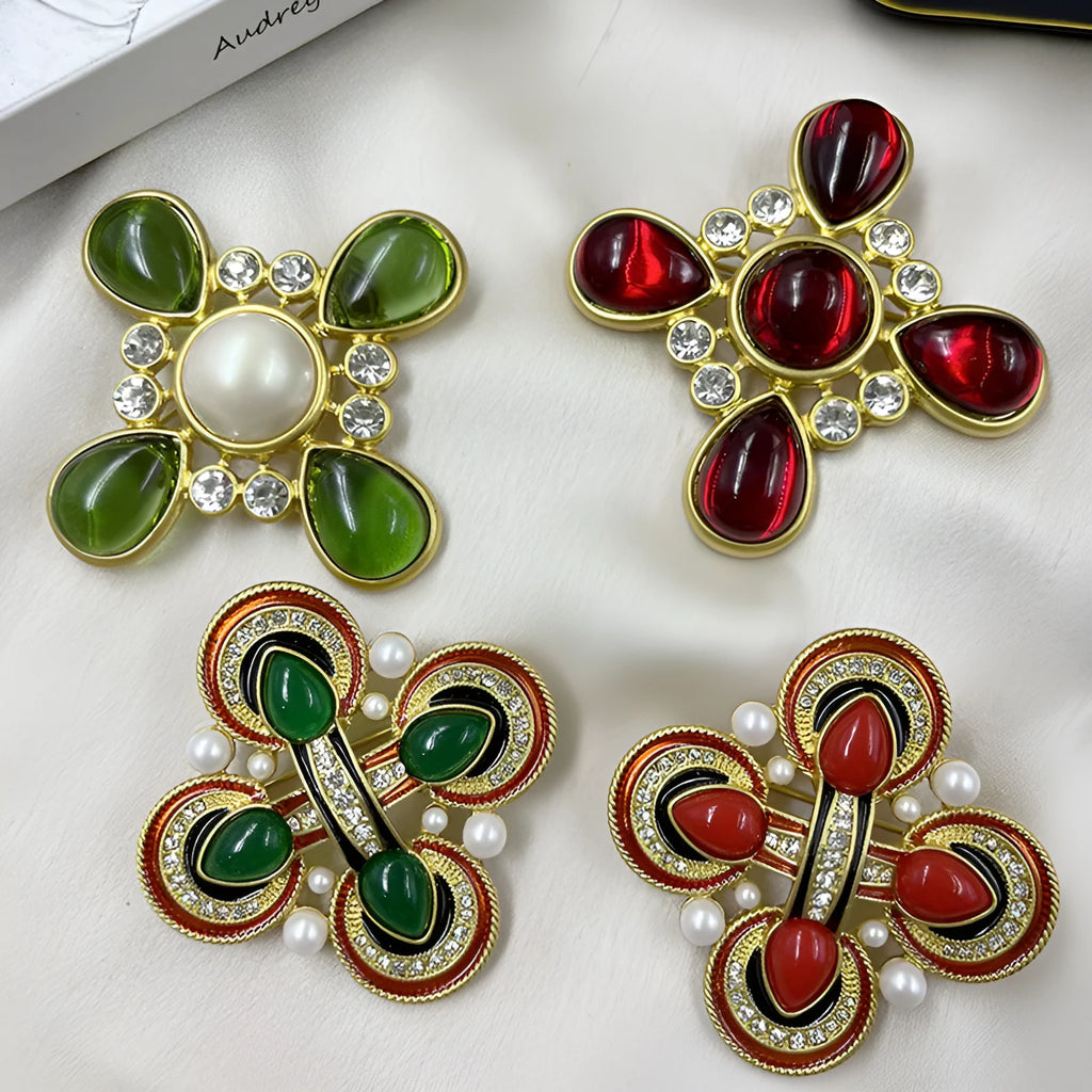 Close-up of a vintage zinc alloy baroque cross brooch with crystals, showing one of eight available colour styles.