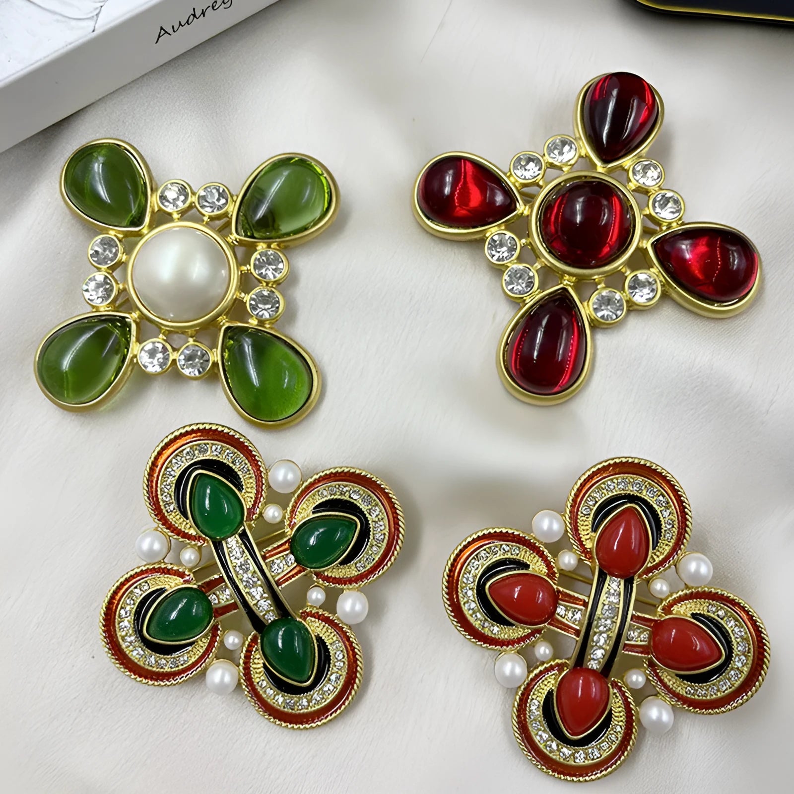 Close-up of a vintage zinc alloy baroque cross brooch with crystals, showing one of eight available colour styles.