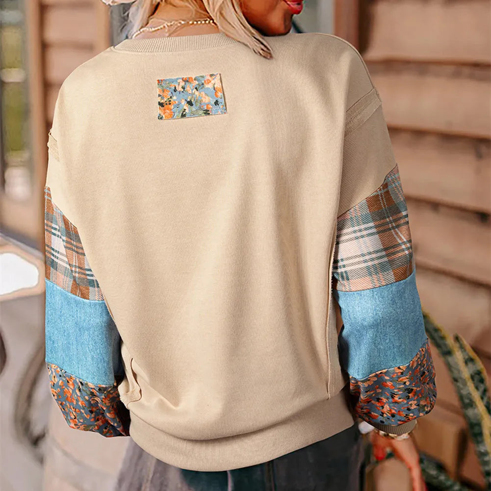Women's loose-fit plaid stitching long-sleeved polyester top in beige colour