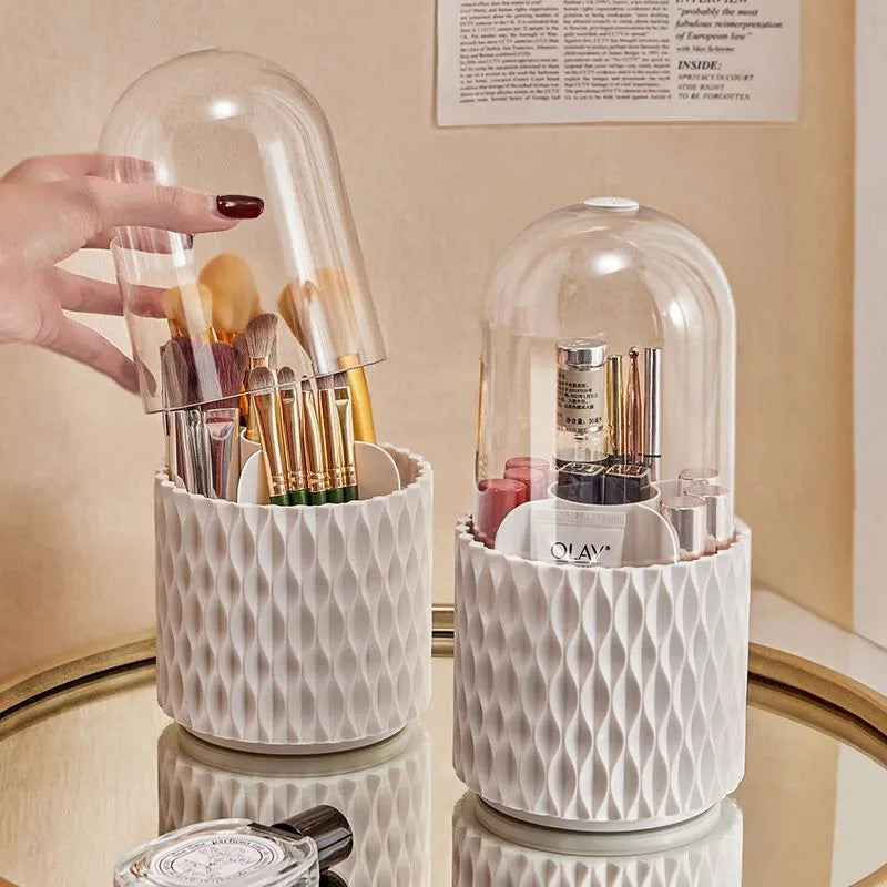White rotating acrylic makeup brush storage box with transparent dustproof lid on dressing table