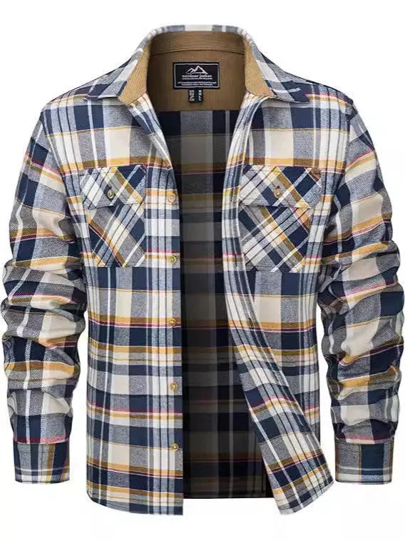 Men's polyester flannel button shirt with plaid pattern in green, navy, orange, and wine red colors available in sizes S to 5XL