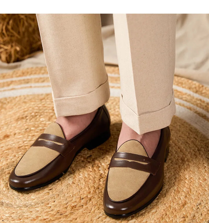Coffee grey high-gloss suede slip-on loafers with a rubber sole, shown on a neutral background.