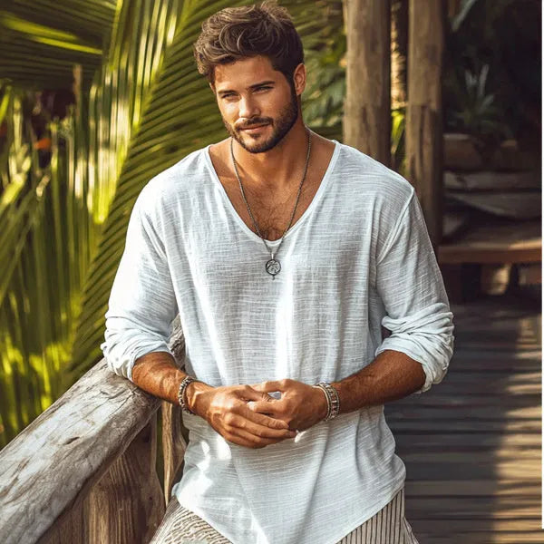 Beige slim fit V-neck long-sleeved top made from hemp blend polyester fabric