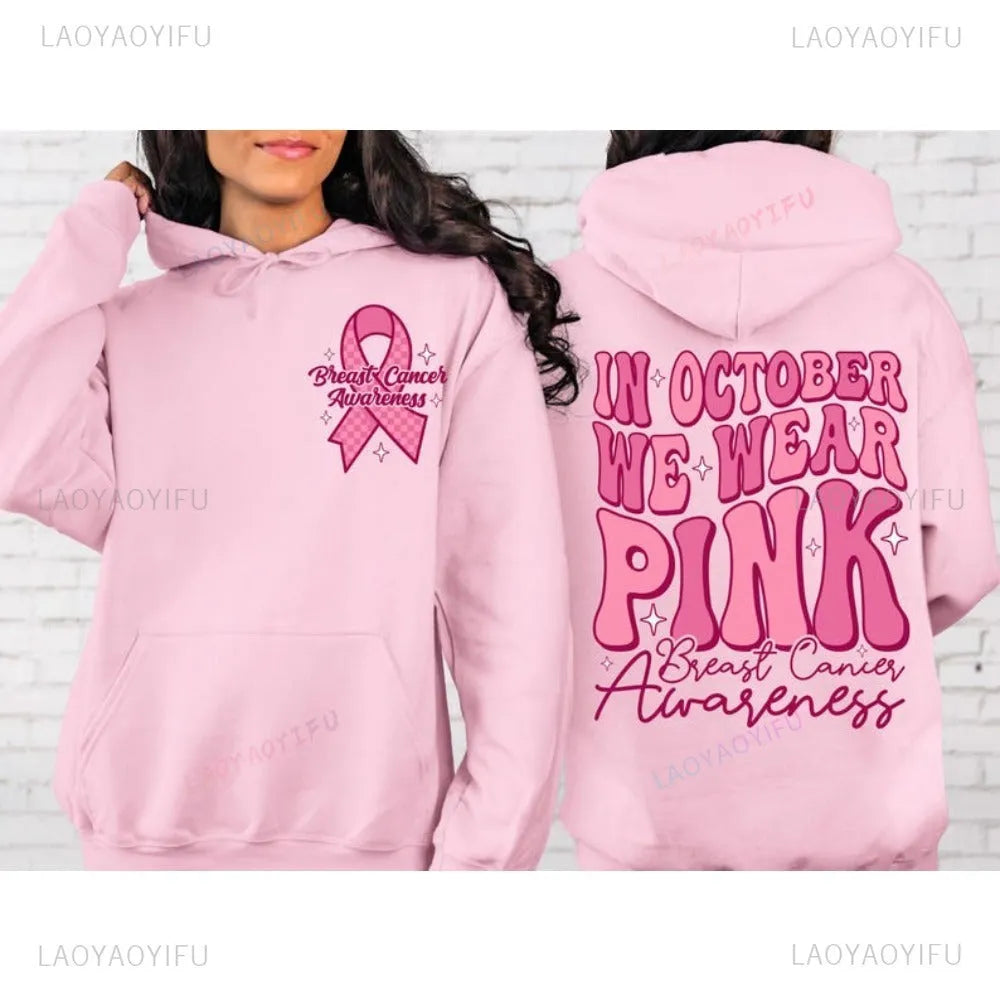 Pink breast cancer awareness pullover hoodie with a retro hot stamping pattern and a side seam pocket.