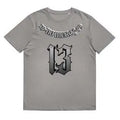 A loose-fitting grey cotton short-sleeve T-shirt with a round neck on a hanger.