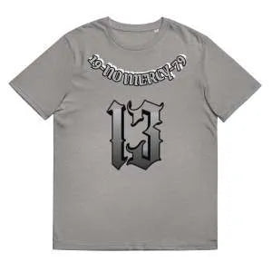 A loose-fitting grey cotton short-sleeve T-shirt with a round neck on a hanger.