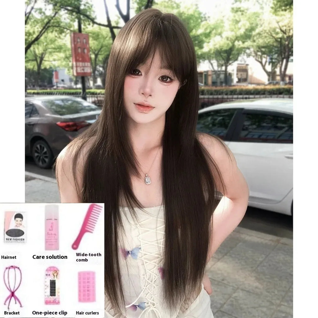 Brown black high-temperature fibre simulation wig for ladies on display