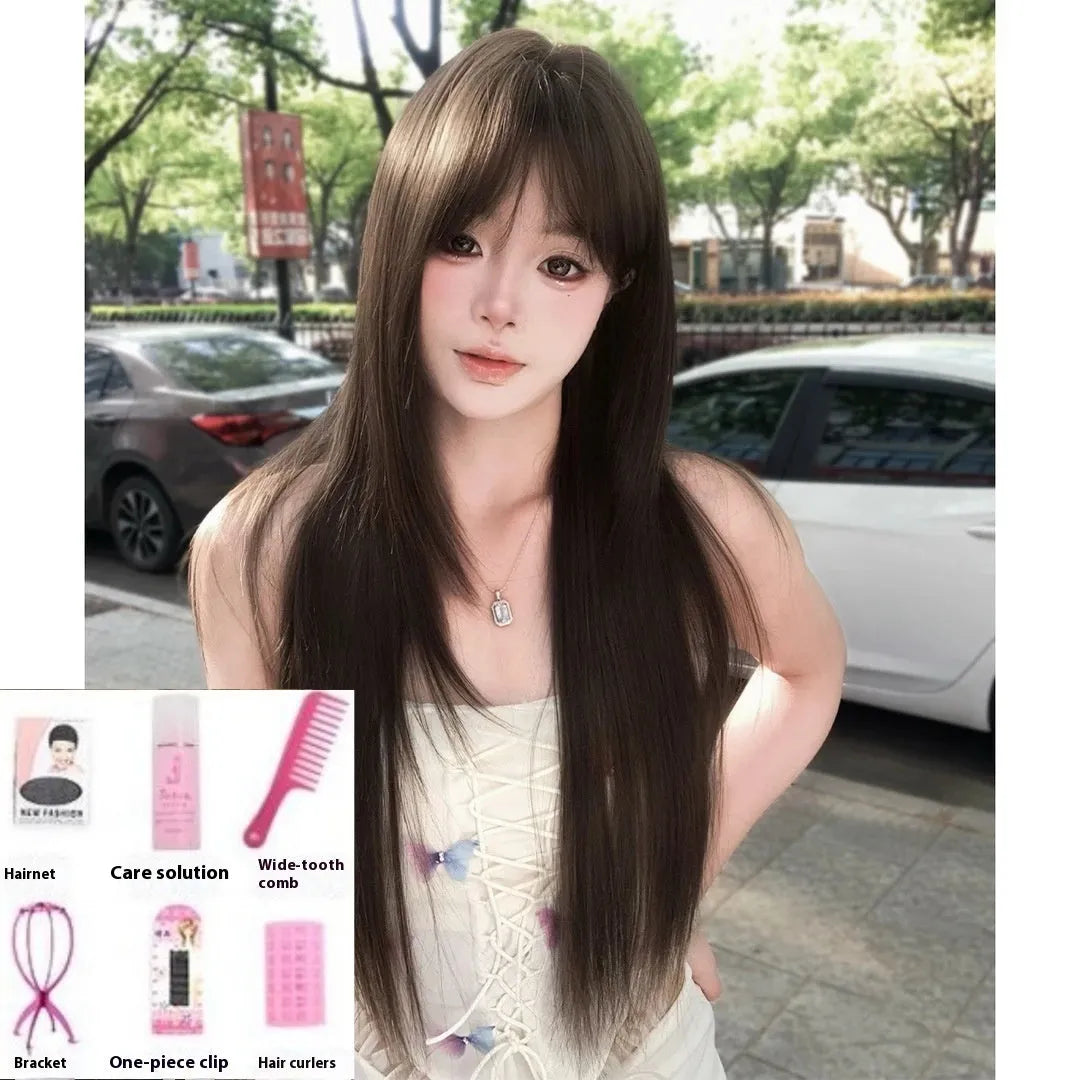 Brown black high-temperature fibre simulation wig for ladies on display