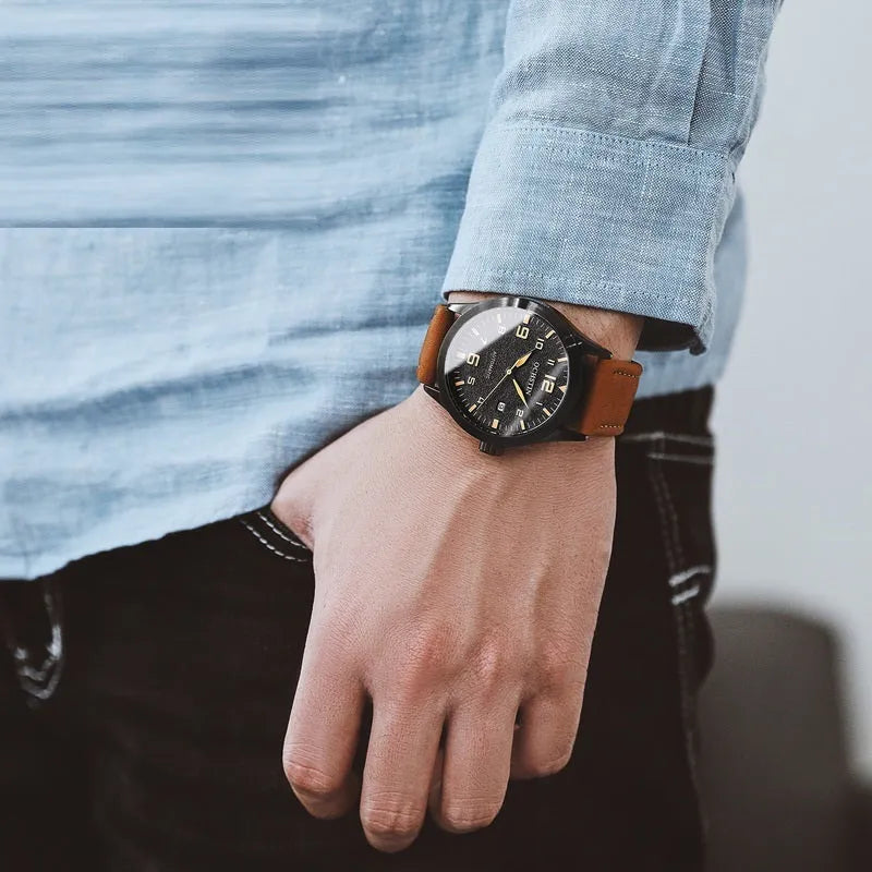 Men's automatic mechanical watch with leather strap and 12mm stainless steel case