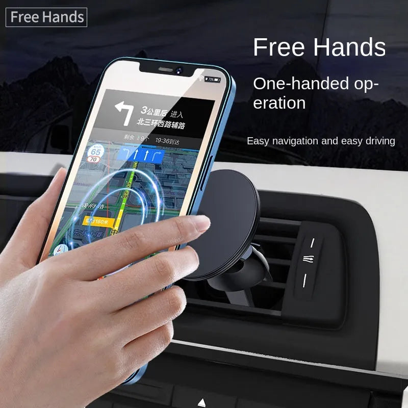 Black aluminium alloy magnetic car phone holder mounted to vehicle air vent