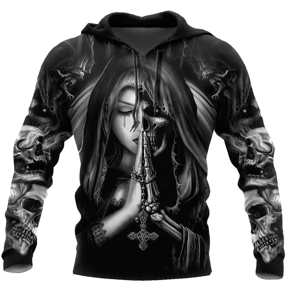 Men's black hooded sweatshirt with a large 3D white anime skull graphic on the front.