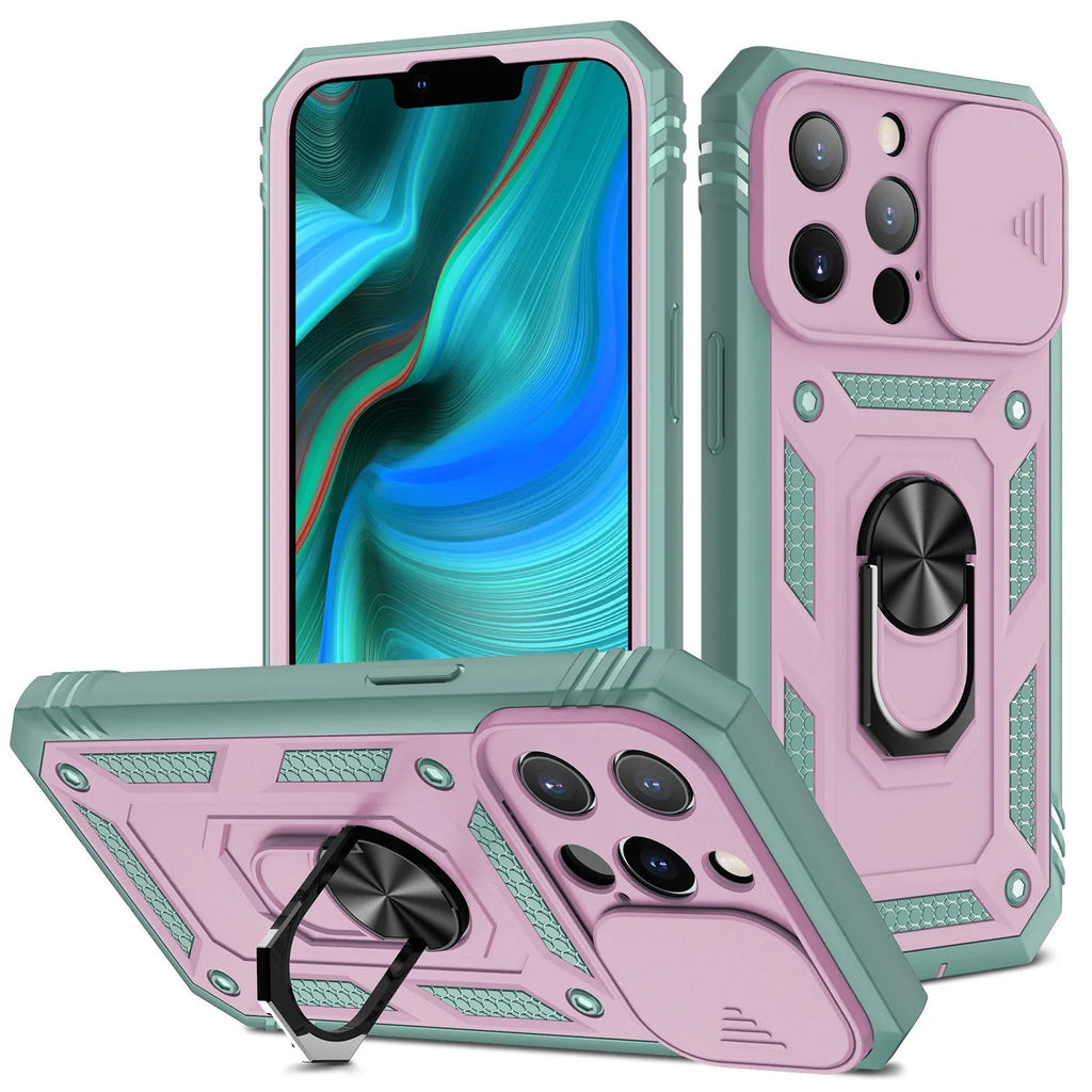 Magnetic mobile phone case with sliding window bracket in sapphire blue and grey green for Apple iPhone